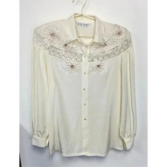 Mode More Womens Ivory Floral Lace Long SLeeve Sheer Blouse Size Large - Picture 3 of 12